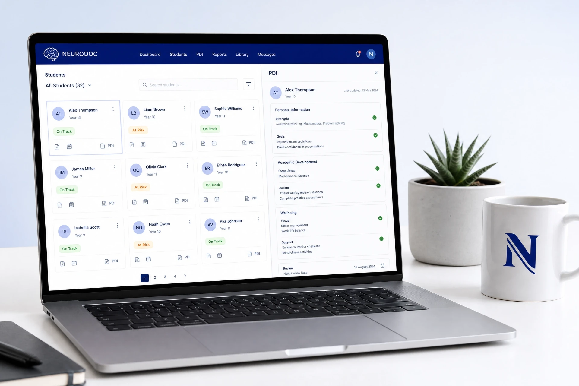 Painel do NeuroDoc exibindo alunos e planos individualizados