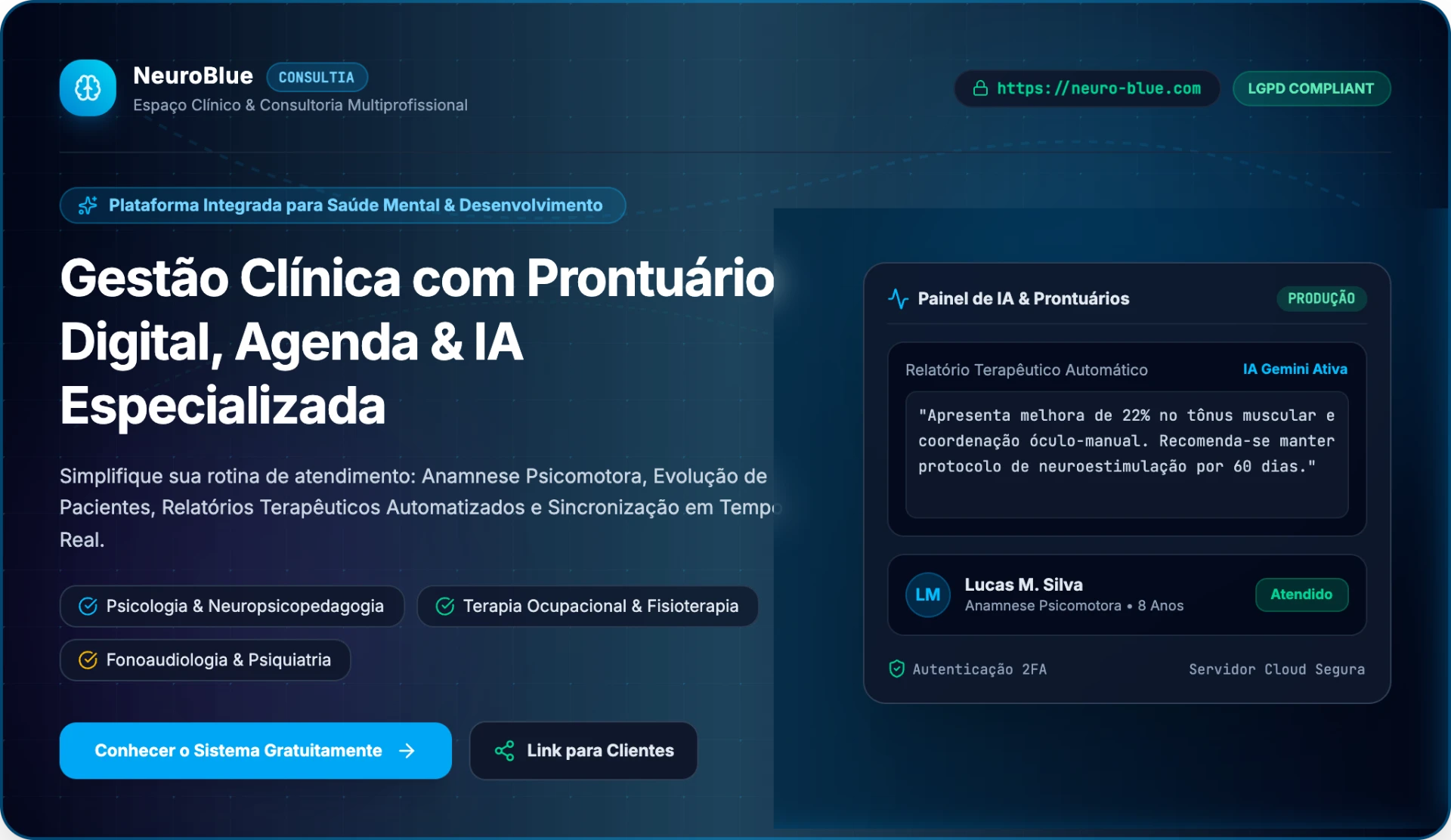 NeuroBlue Consultia — Gestão clínica com prontuário digital, agenda e IA especializada